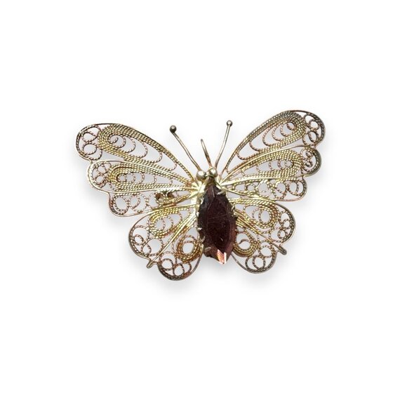 Butterfly Filigree Sterling Silver Brooch Purple Crystal Signed BAC - Picture 5 of 6